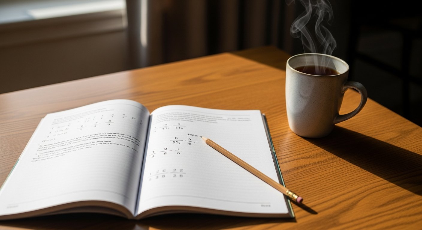 A maths exercise book open on a wooden desk beside a steaming mug.