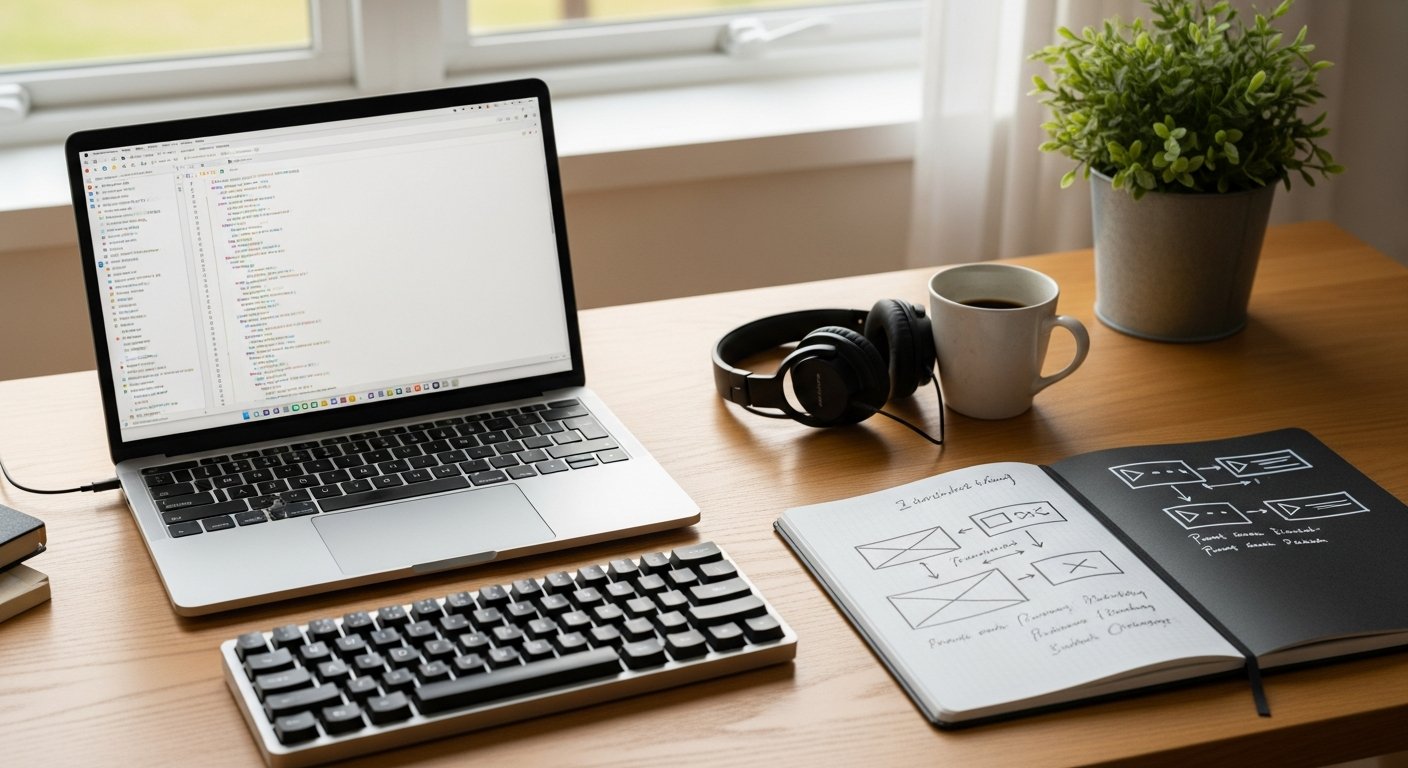 A tidy wooden desk with an open laptop showing code, a mechanical keyboard, headphones and a notebook of UI sketches.