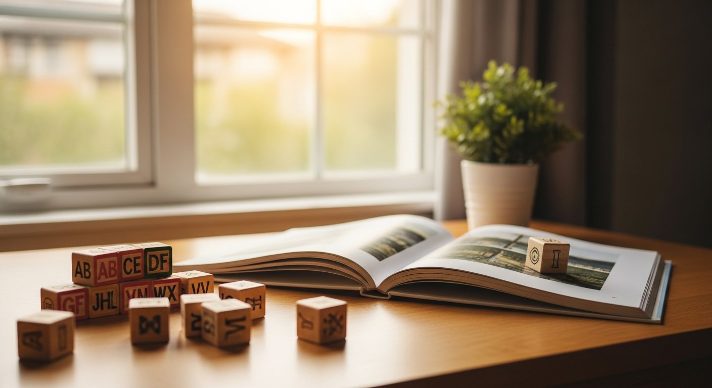 An open picture-book on a sunlit wooden desk with alphabet blocks.