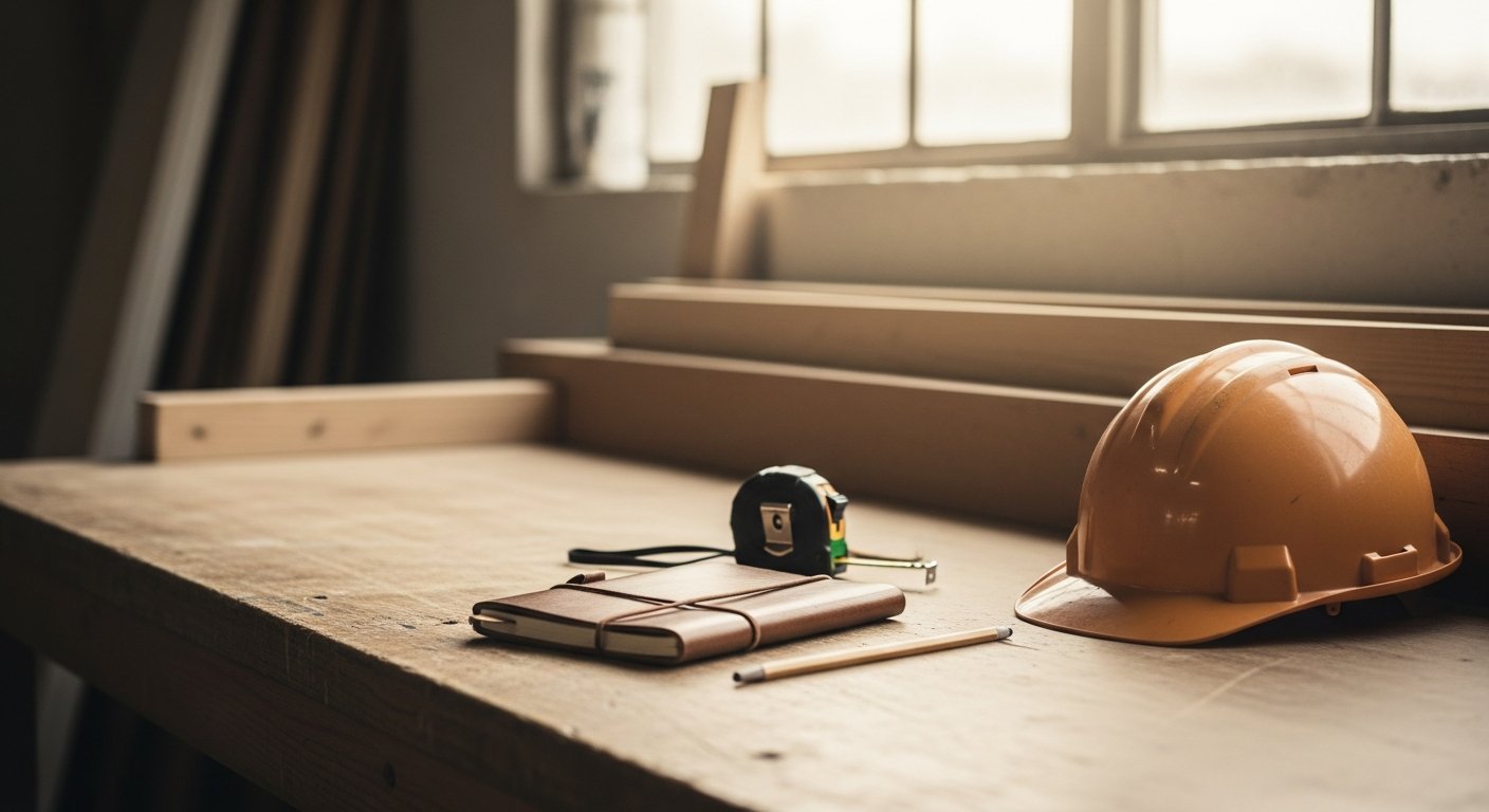 A clean workshop bench with a hard-hat, tape measure and leather notebook.
